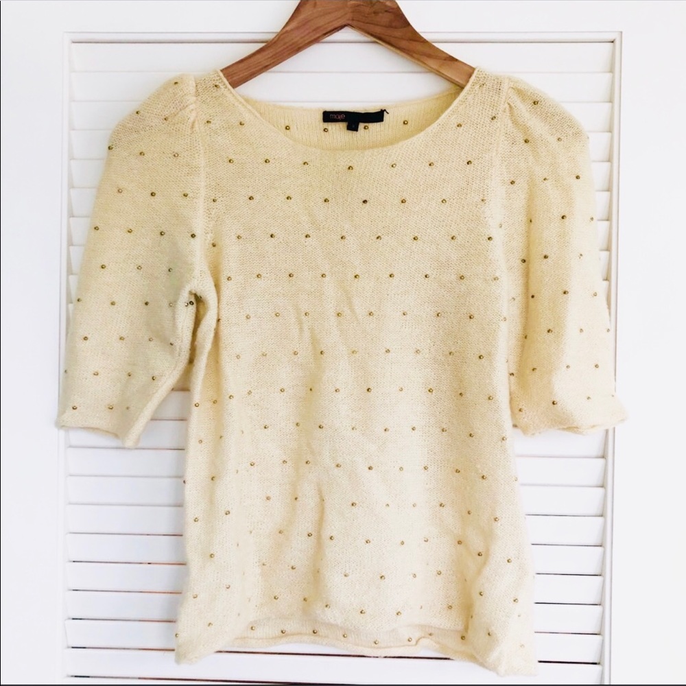 Maje cream mohair, wool and gold bead sweater